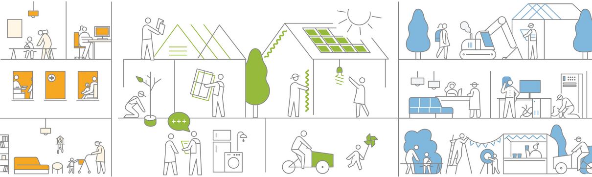 Bunte Illustration, die verschiedene Tätigkeiten eines nachhaltig agierenden Unternehmens zeigt