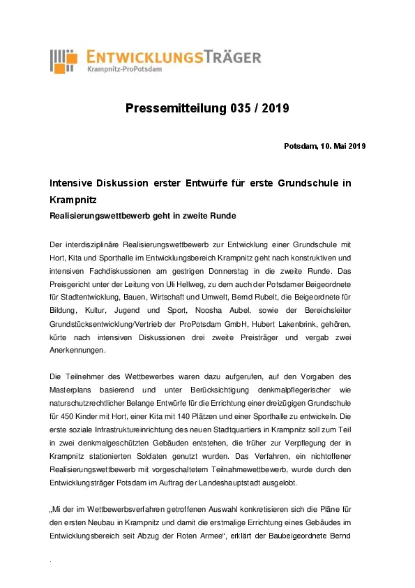 Pressemitteilung des Entwicklungsträgers Potsdam zum Schulwettbewerb Pressemitteilung des Entwicklungsträgers Potsdam zum Schulwettbewerb