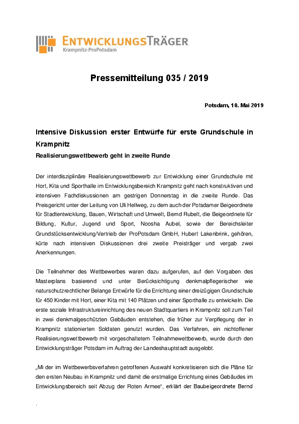 Pressemitteilung des Entwicklungsträgers Potsdam zum Schulwettbewerb