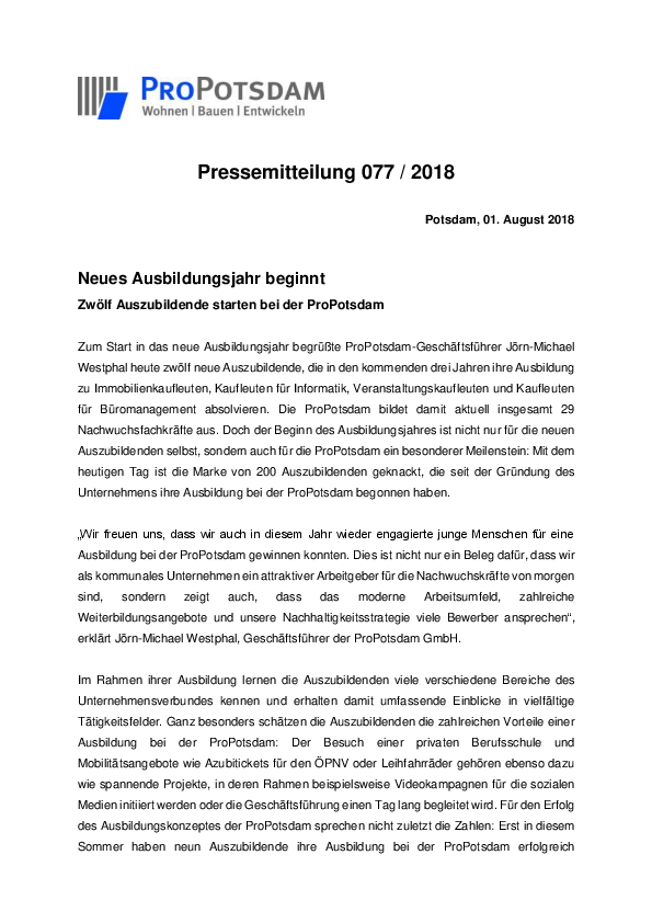 Neues Ausbildungsjahr beginnt, Pressemitteilung