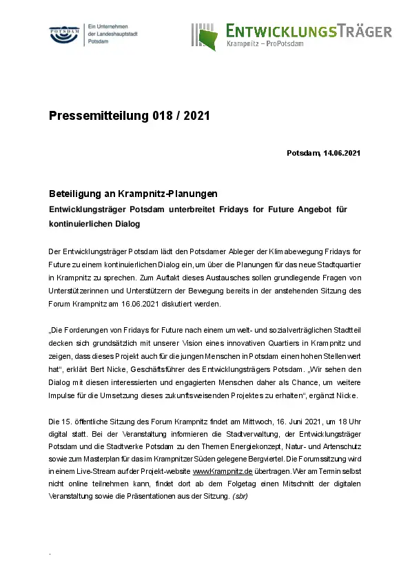 PM 018 Entwickungsträger Potsdam GmbH Dialog zu Krampnitz PM 018 Entwickungsträger Potsdam GmbH Dialog zu Krampnitz