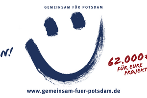 Zu sehen ist ein gemaltes lächelndes Gesicht und die Aufschriften "Jetzt abstimmen!" sowie "Gemeinsam FÜR Potsdam" und "62.000 Euro für Potsdam".