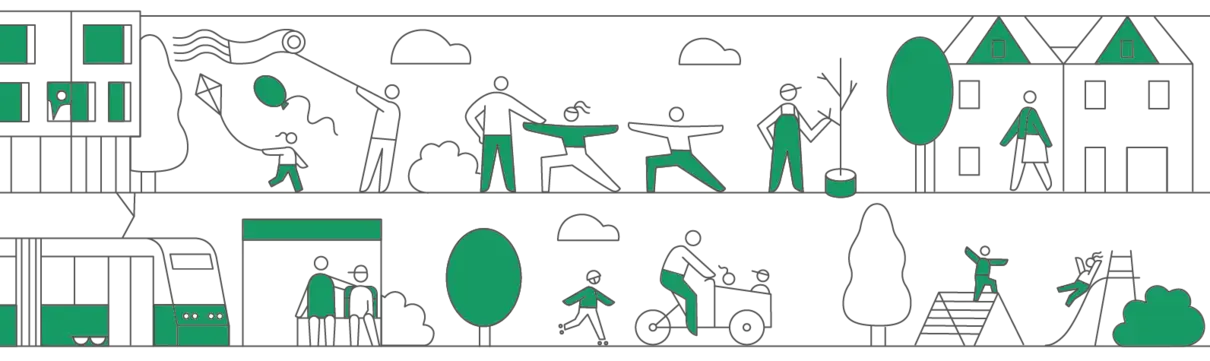 Schwarz-weiß-grüne illustrative Grafik, die das Leben im Bornstedter feld zeigt: Kinder auf dem Spielplatz, eine Familie lässt einen Drachen fliegen, Familienausflug mit dem Lastenrad, Fahren mit der Straßenbahn, Sportgruppen und Baumpflanzung.