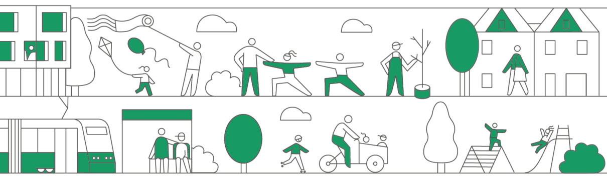 Schwarz-weiß-grüne illustrative Grafik, die das Leben im Bornstedter feld zeigt: Kinder auf dem Spielplatz, eine Familie lässt einen Drachen fliegen, Familienausflug mit dem Lastenrad, Fahren mit der Straßenbahn, Sportgruppen und Baumpflanzung.