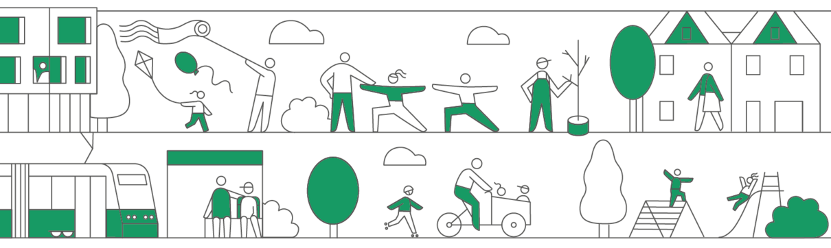 Schwarz-weiß-grüne illustrative Grafik, die das Leben im Bornstedter feld zeigt: Kinder auf dem Spielplatz, eine Familie lässt einen Drachen fliegen, Familienausflug mit dem Lastenrad, Fahren mit der Straßenbahn, Sportgruppen und Baumpflanzung.
