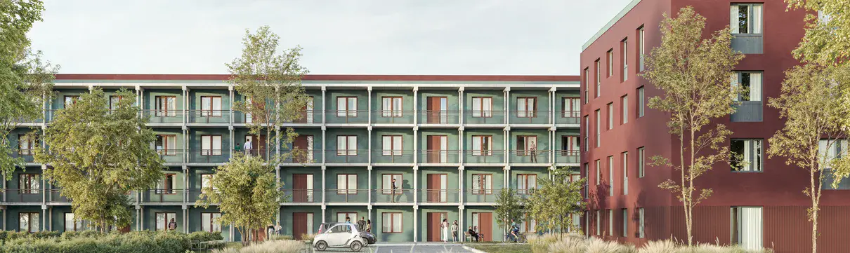 Visualisierung Patrizierweg (c) B&O Bau und Gebäudetechnik GmbH & Co. KG / Holzer Kobler Architekten Berlin GmbH Eine Häuserzeile mit einem roten Gebäude auf der rechten Seite.