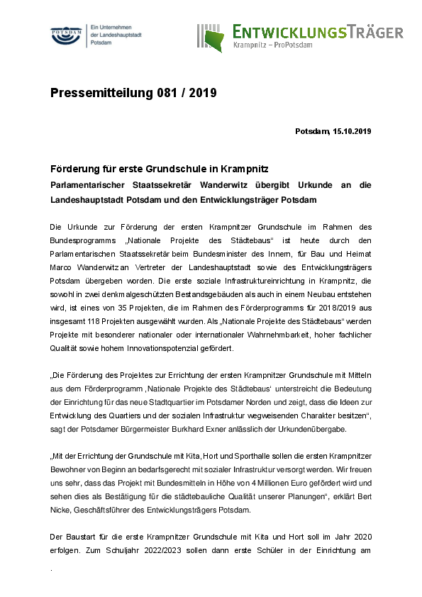 Entwicklungsträger Potsdam GmbH: Urkundenübergabe