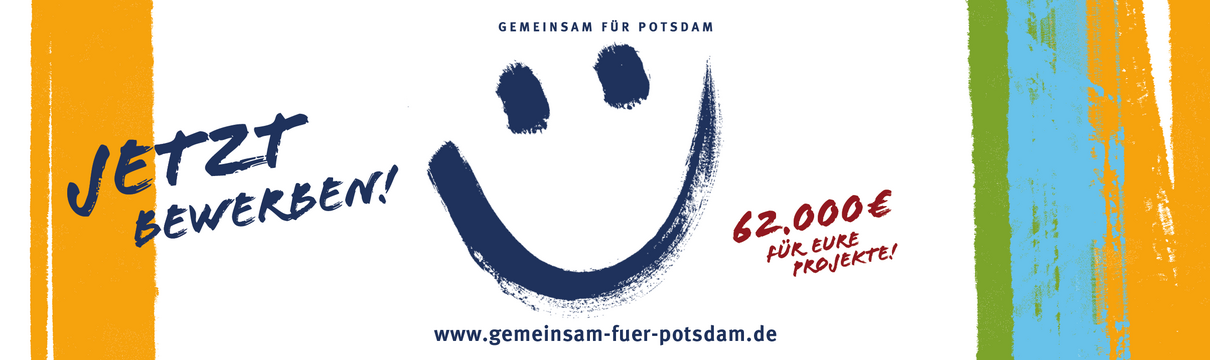 Logo mit Bewerbungsaufruf für Wettbewerb Gemeinsam für Potsdam mit lachendem Smiley