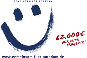 Logo mit Bewerbungsaufruf für Wettbewerb Gemeinsam für Potsdam mit lachendem Smiley