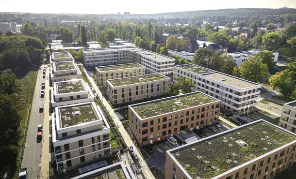 Wohnblocks mit Dachbegrünung von oben in Perspektive fotografiert