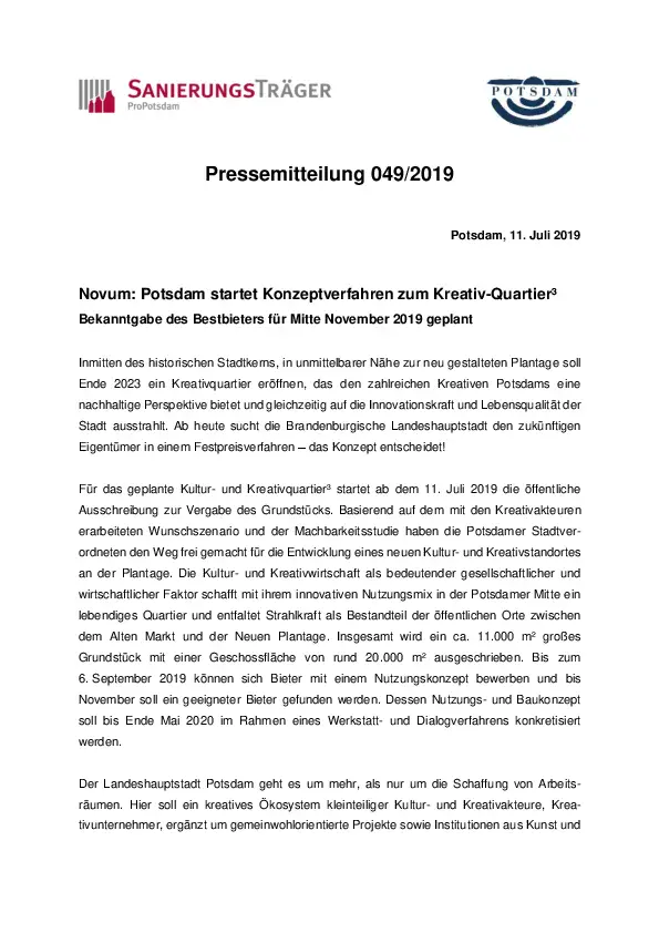 Prssemitteilung des Sanierungträgers Potsdam zum Start des Konzeptverfahrens für das Kreativ-Quartier³ in der Potsdamer Mitte Prssemitteilung des Sanierungträgers Potsdam zum Start des Konzeptverfahrens für das Kreativ-Quartier³ in der Potsdamer Mitte