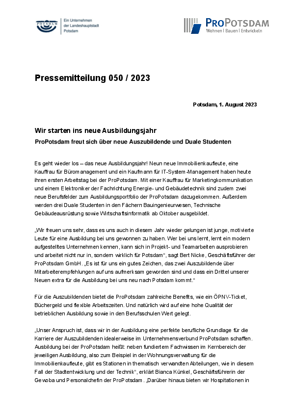 050/2023 ProPotsdam Pressemitteilung Start Ausbildungsjahr 