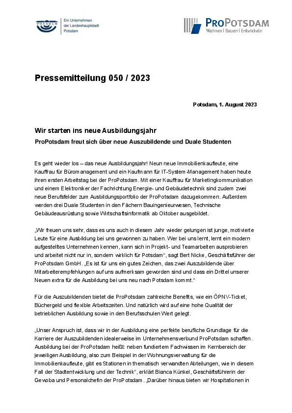 050/2023 ProPotsdam Pressemitteilung Start Ausbildungsjahr 