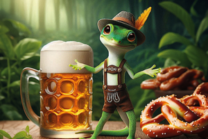 Vor einer Tropenwelt steht ein Frosch in Tracht neben einem gefüllten Bierglas.