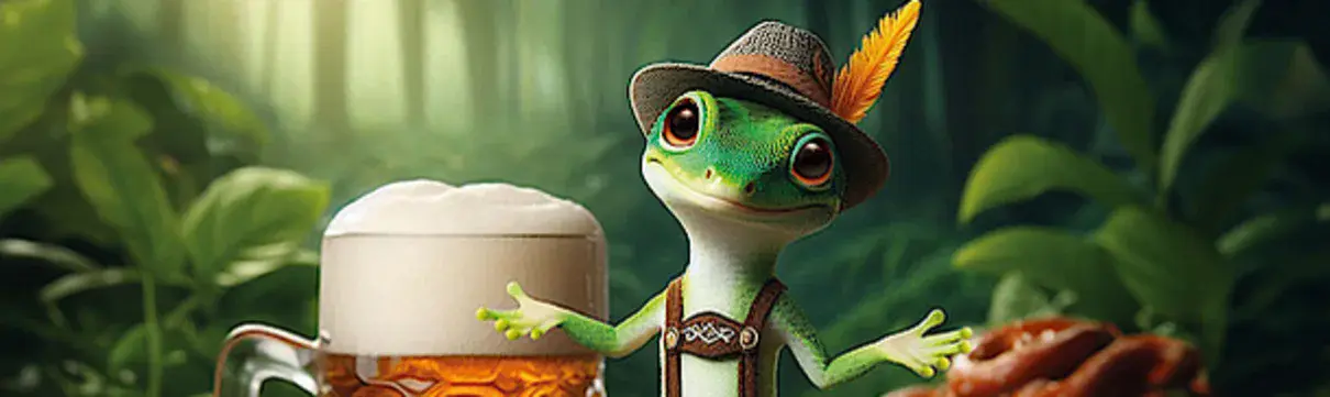 Oktoberfest unter Palmen_(c)_Biosphaere_Potsdam Vor einer Tropenwelt steht ein Frosch in Tracht neben einem gefüllten Bierglas.