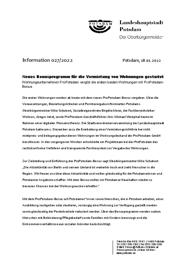 Pressemitteilung der Landeshauptstadt Potsdam