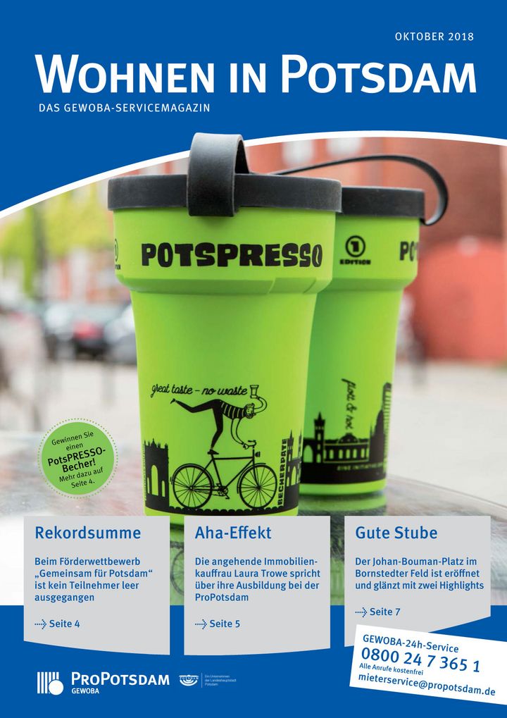 Cover des Gewoba-Servicemagazins Wohnen in Potsdam mit dem grünen Mehrwegbecher Potspresso