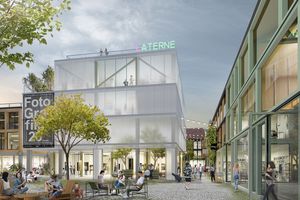 Die Computergrafik zeigt Gebäude und Menschen im geplanten Kunst- und Kreativquartier.