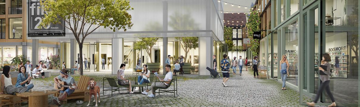 Sanierungsträger Potsdam Die Computergrafik zeigt Gebäude und Menschen im geplanten Kunst- und Kreativquartier.