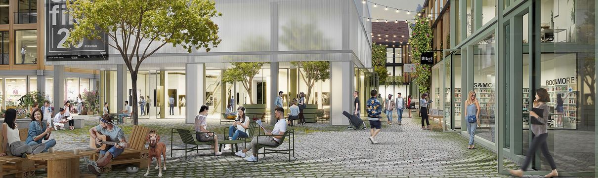 Sanierungsträger Potsdam Die Computergrafik zeigt Gebäude und Menschen im geplanten Kunst- und Kreativquartier.