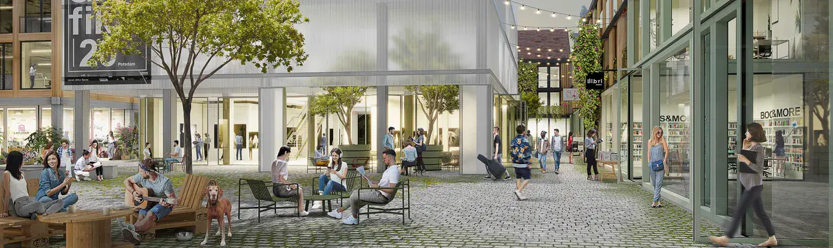 Die Computergrafik zeigt Gebäude und Menschen im geplanten Kunst- und Kreativquartier.