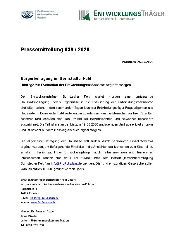 Entwicklungsträger Bornstedter Feld GmbH Entwicklungsträger Bornstedter Feld GmbH