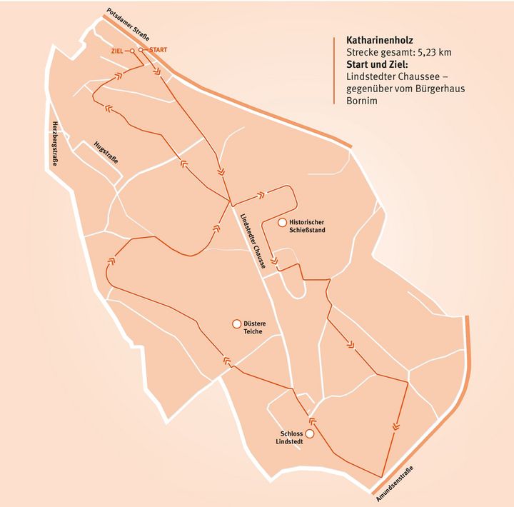 Hellorange Karte einer vereinfacht dargestellten Laufstrecke durch das Katharinenholz in Potsdam