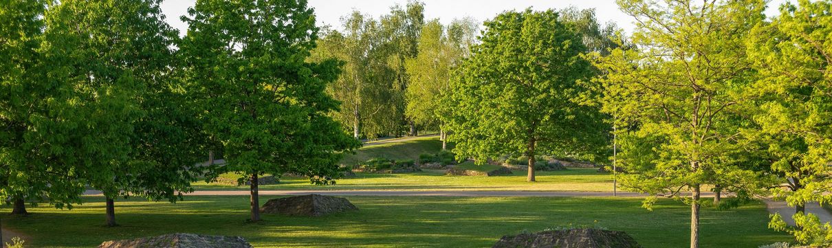 Es sind mehrere begrünte Hügel aus Stein in einem Park mit grüner Wiese und Bäume zu sehen.