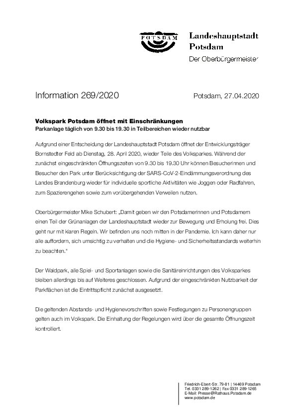 Pressemitteilung Landeshauptstadt Potsdam