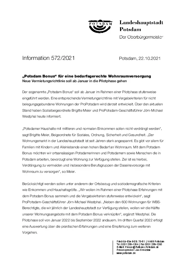 Pressemitteilung der Landeshauptstadt Potsdam Pressemitteilung der Landeshauptstadt Potsdam