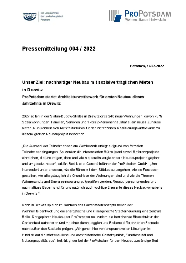 Unser Ziel: nachhaltiger Neubau mit sozialverträglichen Mieten in Drewitz Unser Ziel: nachhaltiger Neubau mit sozialverträglichen Mieten in Drewitz