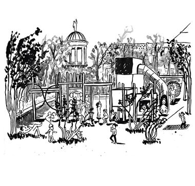 Schwarz-Weiß-Zeichnung mit Fokus auf einen Spielplatz, der von Grün umrahmt ist. Im Hintergrund sieht man eine kleine Kuppel über einem Gebäude