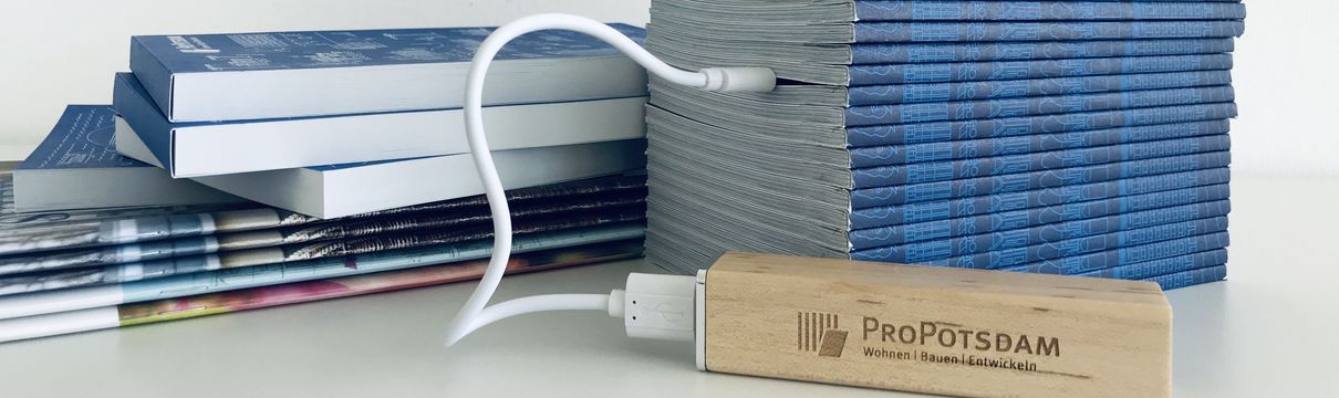 Mediathek Publikationen Stapel mit Publikationen der ProPotsdam und Speichermedium