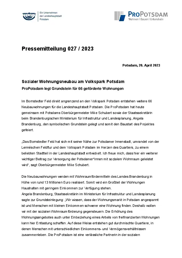 027/2023 ProPotsdam Pressemitteilung 027/2023 ProPotsdam Pressemitteilung