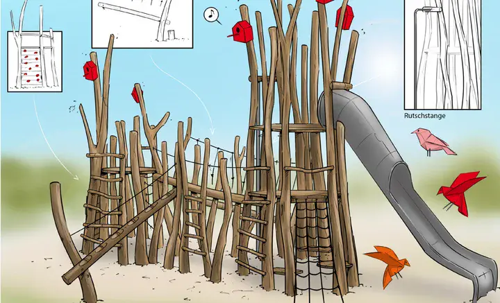 Naturnaher Holzspielplatz mit Klettergerüst, Leitern und Rutsche