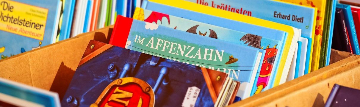Bücher in Kisten auf dem Flohmarkt