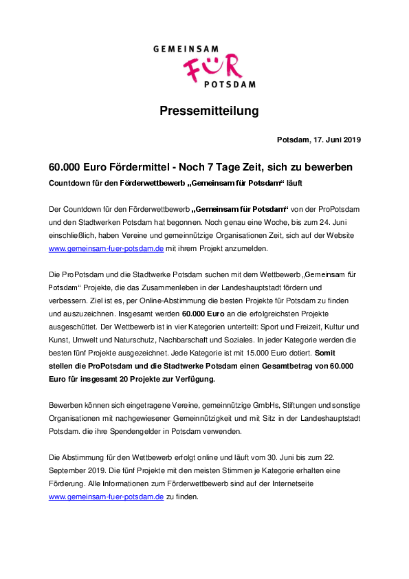 Pressemitteilung zum Countdown für den Wettbewerb "Gemeinsam für Potsdam"