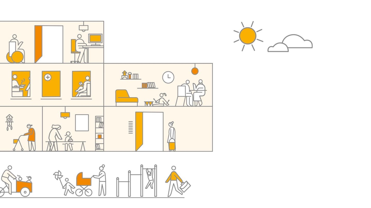 Strichgrafik in gelb, orange, grau und weiß auf der ein Querschnitt durch ein Wohnhaus zu sehen ist