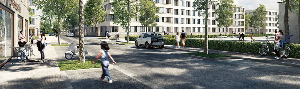 Auf einer Straße mit neuen Häusern gehen und unterhalten sich Menschen.