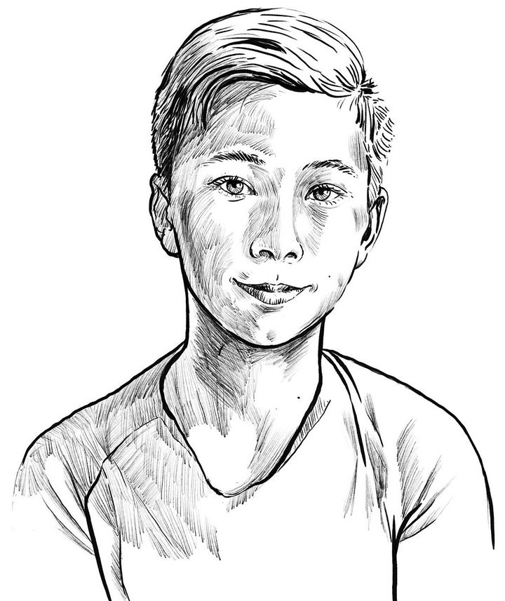 Strichzeichnung eines schwarz-weiß Porträts eines Jungen