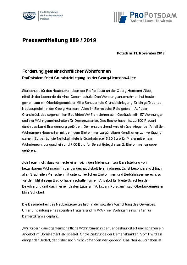 Pressemitteilung 089 / 2019 Grundsteinlegung WA 7 Pressemitteilung 089 / 2019 Grundsteinlegung WA 7