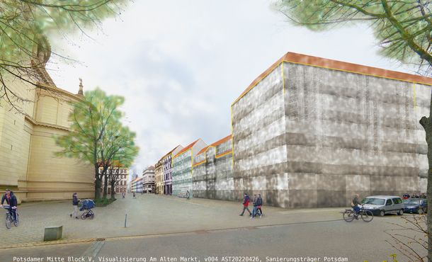 Computervisualisierung einer Straße, links mit Kirche, rechts neue Fassade mit verschiedenen Dacharten und Haushöhen