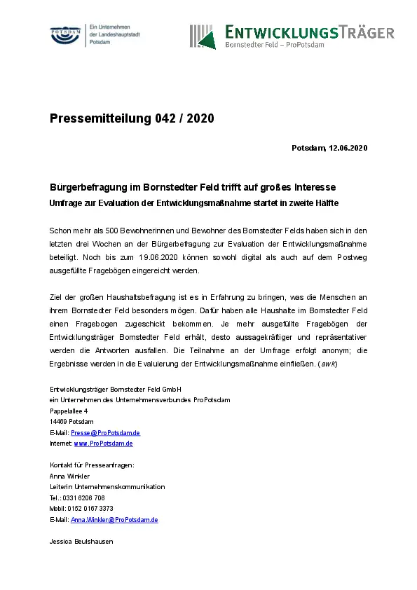 Entwicklungsträger Bornstedter Feld Entwicklungsträger Bornstedter Feld