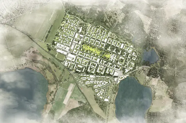Krampnitz, Masterplan Vogelperspektive des Areals Krampnitz mit Rendering, wo zukünftig Gebäude stehen werden