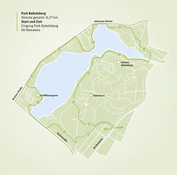 Hellgrüne vereinfachte Darstellung einer Joggingstrecke in Babelsberg