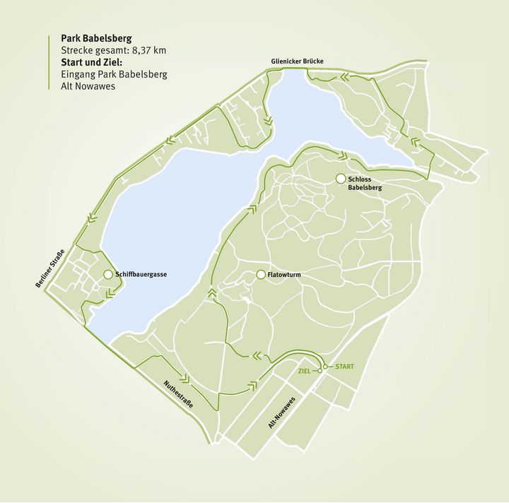 Hellgrüne vereinfachte Darstellung einer Joggingstrecke in Babelsberg