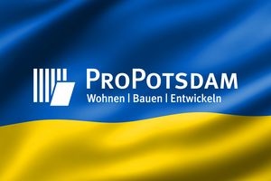 Das ProPotsdam-Logo auf einer Ukraine-Fahne