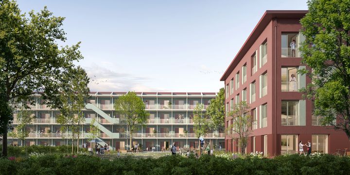Visualisierung Wohnungsbau in Modulbauweise, außen rot und viele Balkone