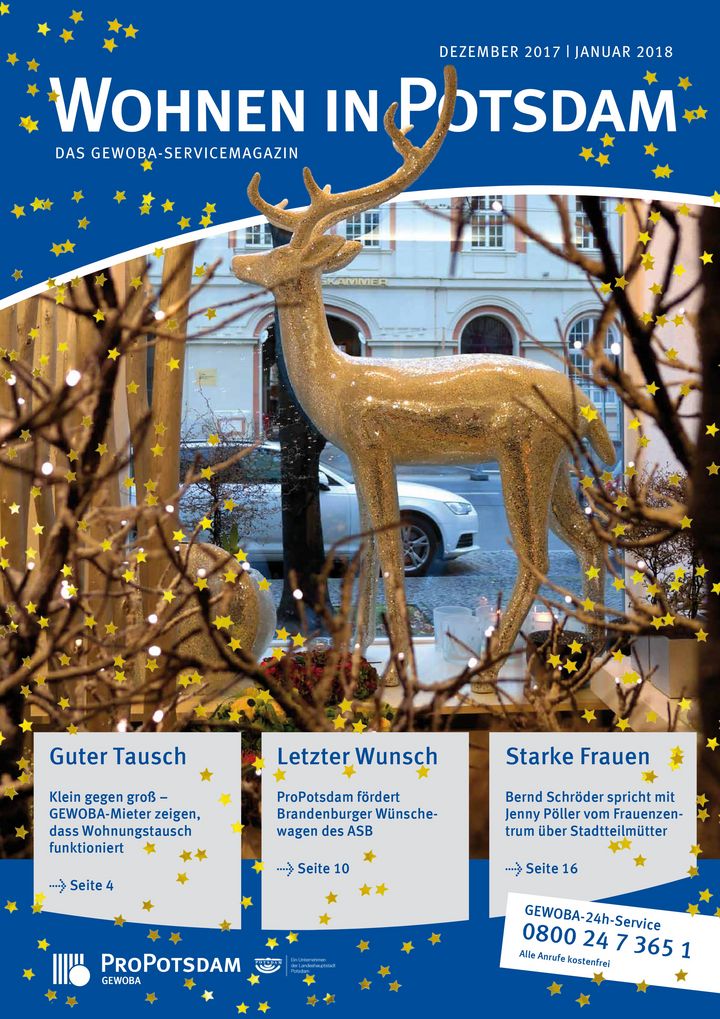 Cover des Gewoba-Servicemagazins Wohnen in Potsdam mit einer weihnachtlichen Schaufensterdekoration bestehend aus leuchtenden Zweigen und einem goldenen Hirsch