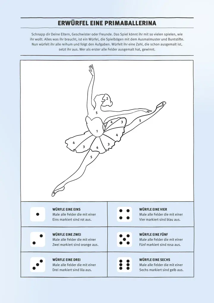 Hellblauer Spielbogen für ein Würfelspiel mit der prominenten Ausmalfigur einer Ballerina